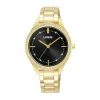 Lorus Quartz Ladies 33mm Black Dial Gold Tone Cubic Zirconia Set Bezel Steel Bracelet Watch