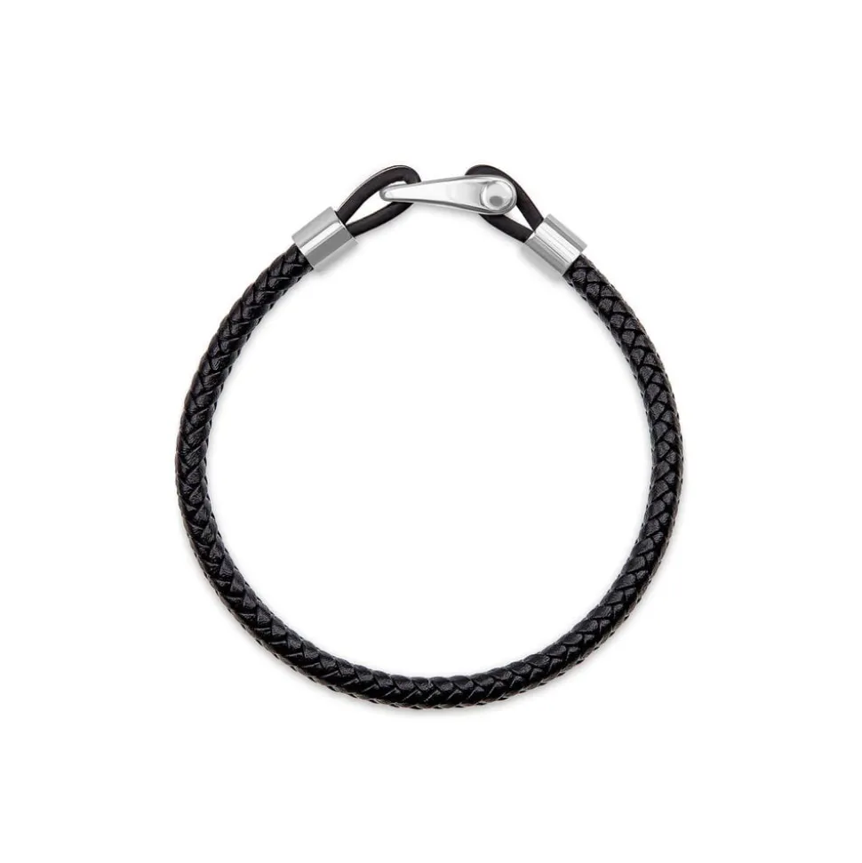 Men's Steel & Black Leather Plait Bracelet