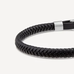 Men's Steel & Black Leather Plait Bracelet