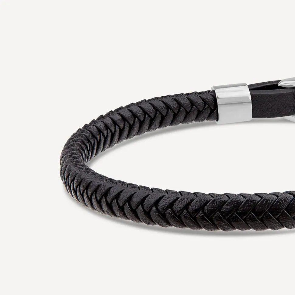 Men's Steel & Black Leather Plait Bracelet