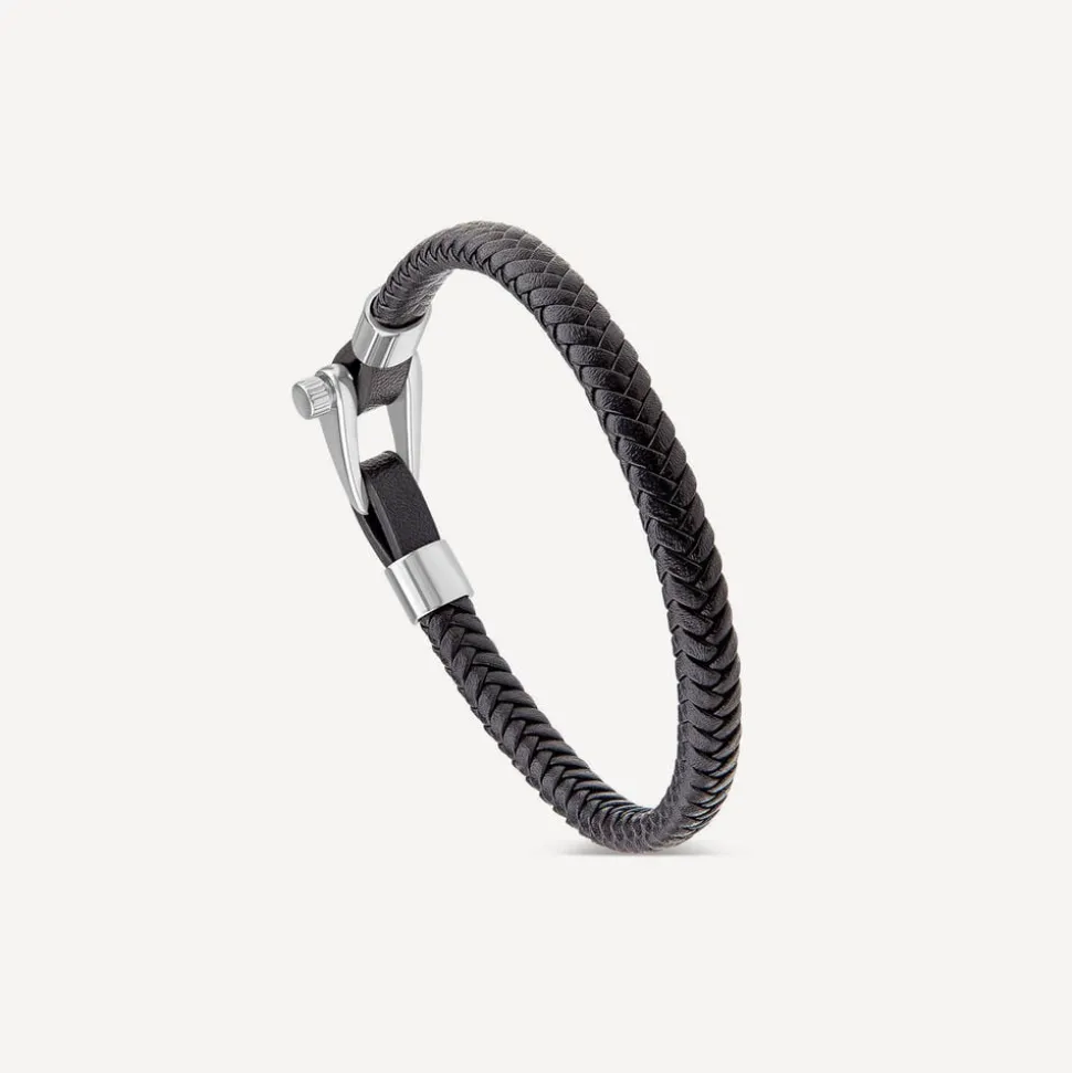 Men's Steel & Black Leather Plait Bracelet