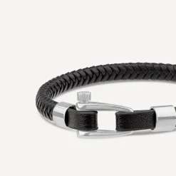 Men's Steel & Black Leather Plait Bracelet