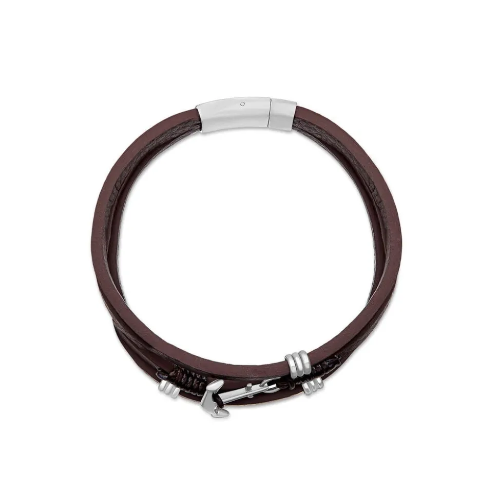 Men's Steel & Brown Leather Triple Wrap Anchor Bracelet