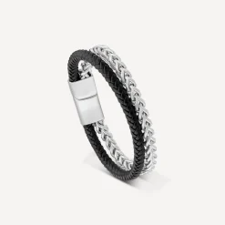 Mens's Black Leather & Steel Double Bracelet