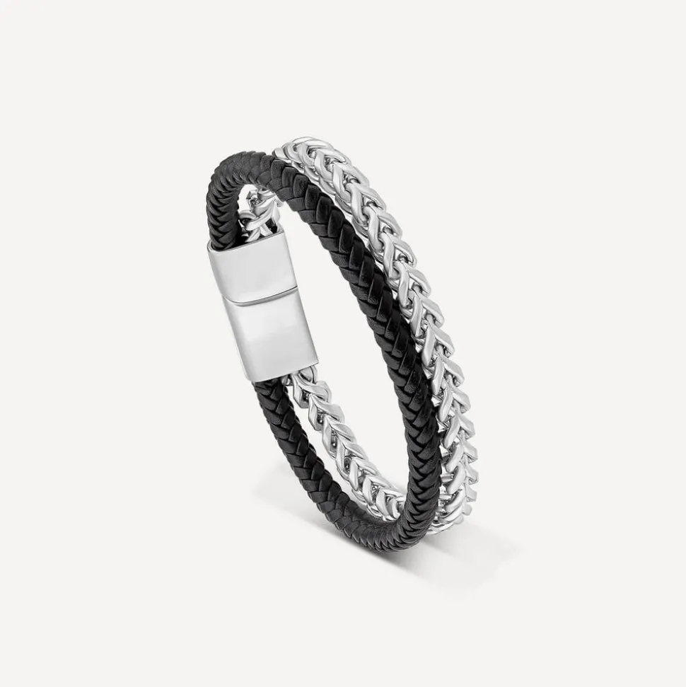 Mens's Black Leather & Steel Double Bracelet