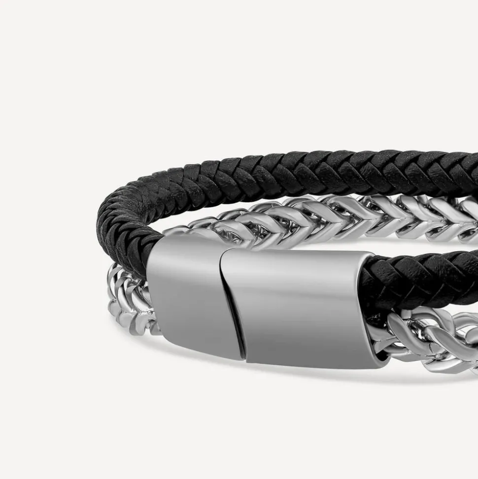 Mens's Black Leather & Steel Double Bracelet