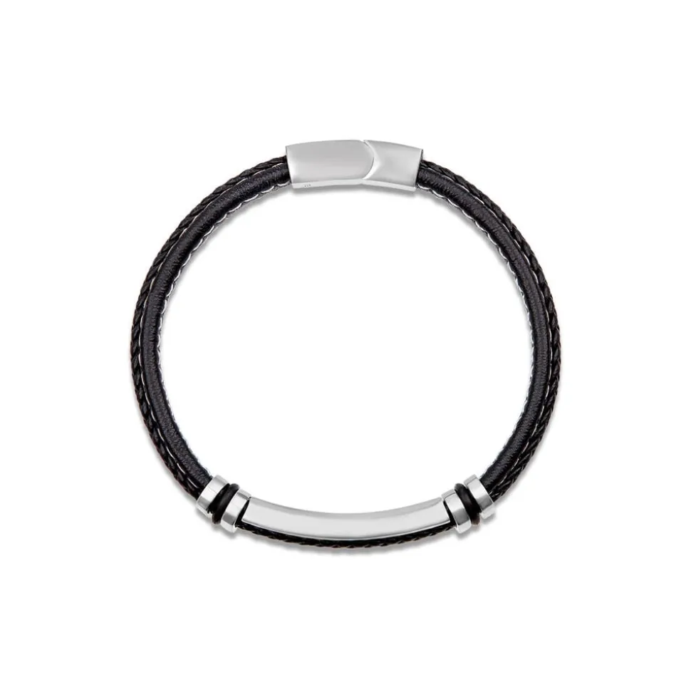 Mens's Steel & Black Leather White Stitching Bracelet