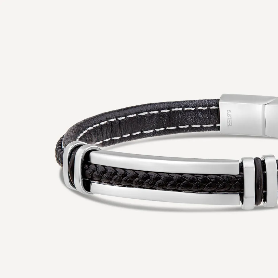 Mens's Steel & Black Leather White Stitching Bracelet