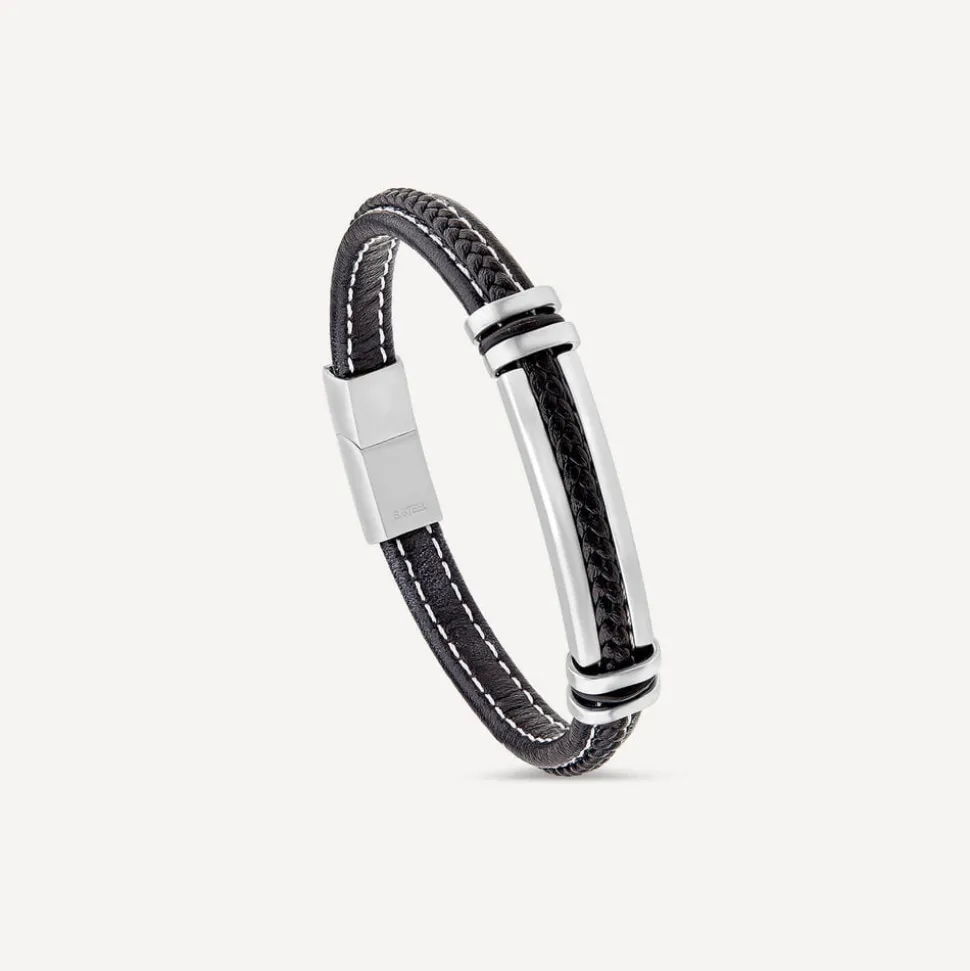 Mens's Steel & Black Leather White Stitching Bracelet