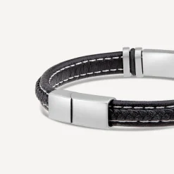 Mens's Steel & Black Leather White Stitching Bracelet