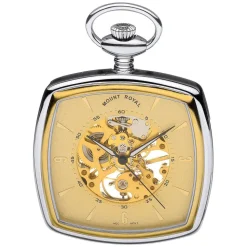Mount Royal Champagne Skeleton Cushion Square Dial Steel Case Pocket Watch