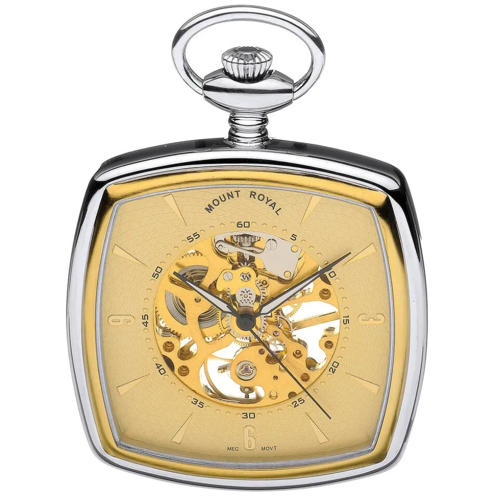 Mount Royal Champagne Skeleton Cushion Square Dial Steel Case Pocket Watch