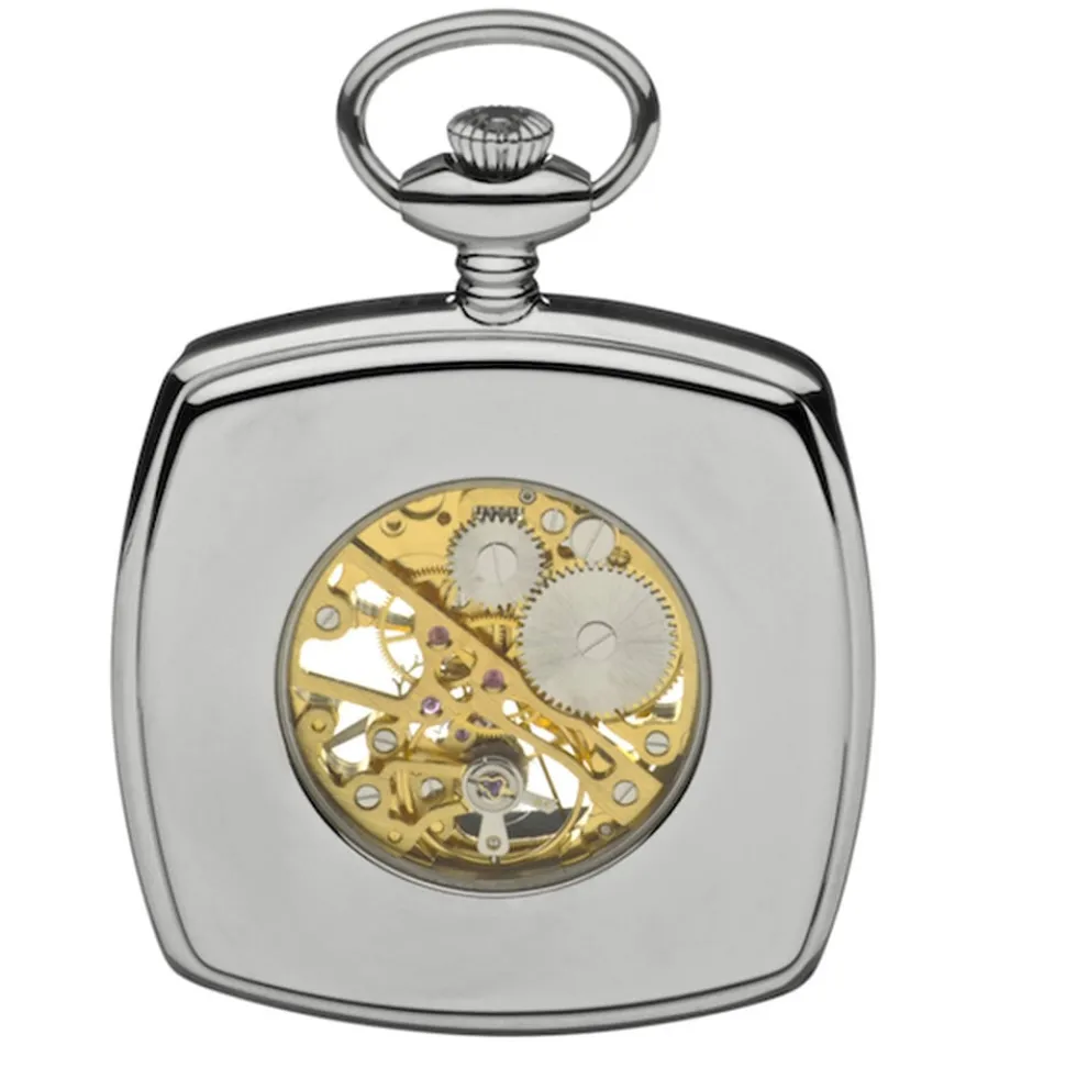 Mount Royal Champagne Skeleton Cushion Square Dial Steel Case Pocket Watch