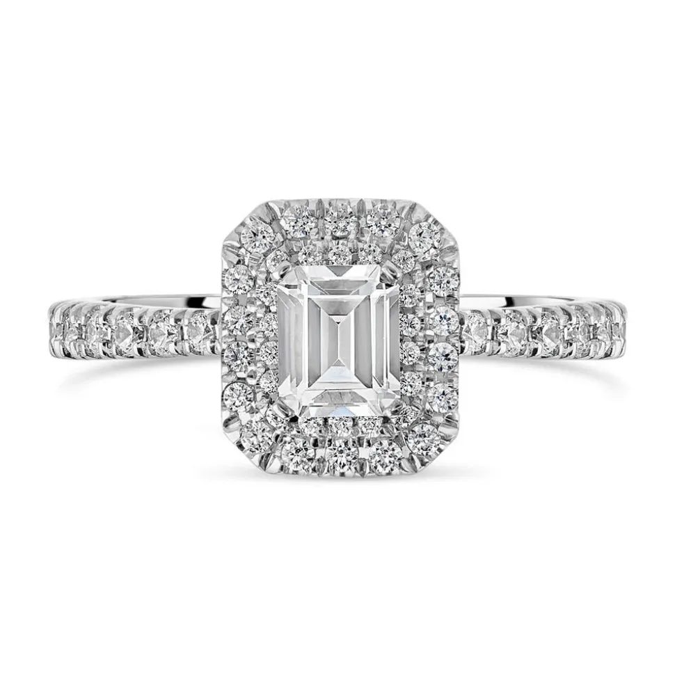 Northern Star 0.75ct Emerald Cut Diamond Double Halo 18ct White Gold Ring