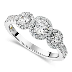 Northern Star 1.0ct Three Diamonds 18ct White Gold Halo & Pave Diamond Shoulder Ring