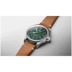 Oris Big Crown 38mm Green Dial Steel Case Tan Strap Watch