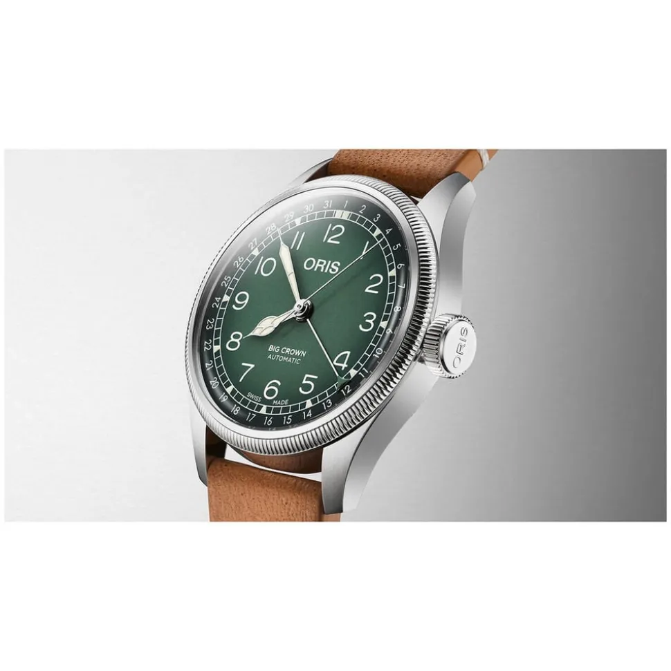 Oris Big Crown 38mm Green Dial Steel Case Tan Strap Watch