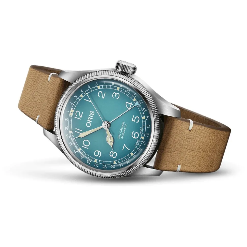 Oris Big Crown 38mm Light Blue Dial Steel Case Tan Strap Watch