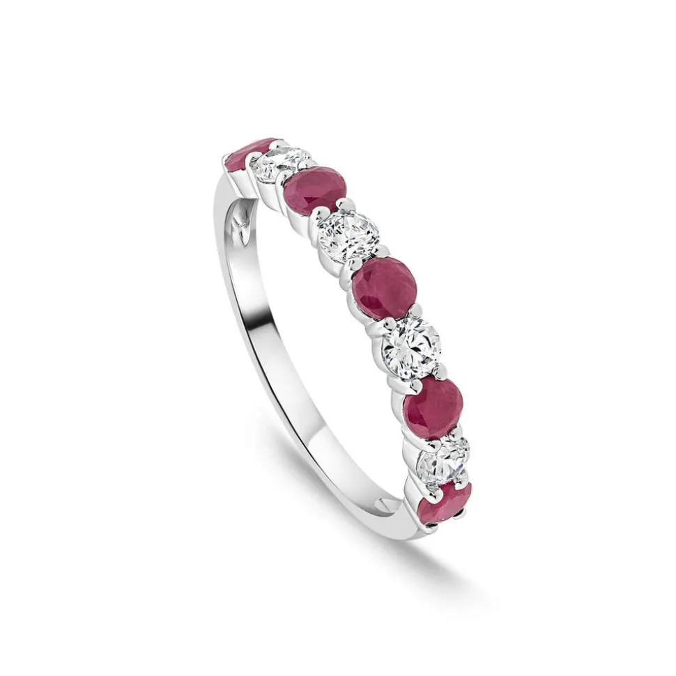Platinum 9 Stones Ruby & 0.38ct Diamond Band Ring
