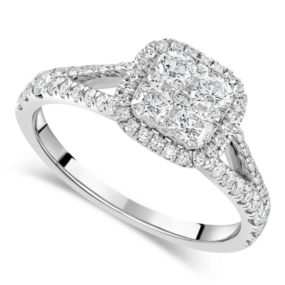 Platinum 1.00CT Diamond Cushion Cluster Split Shoulder Ring