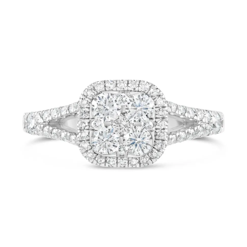 Platinum 1.00CT Diamond Cushion Cluster Split Shoulder Ring