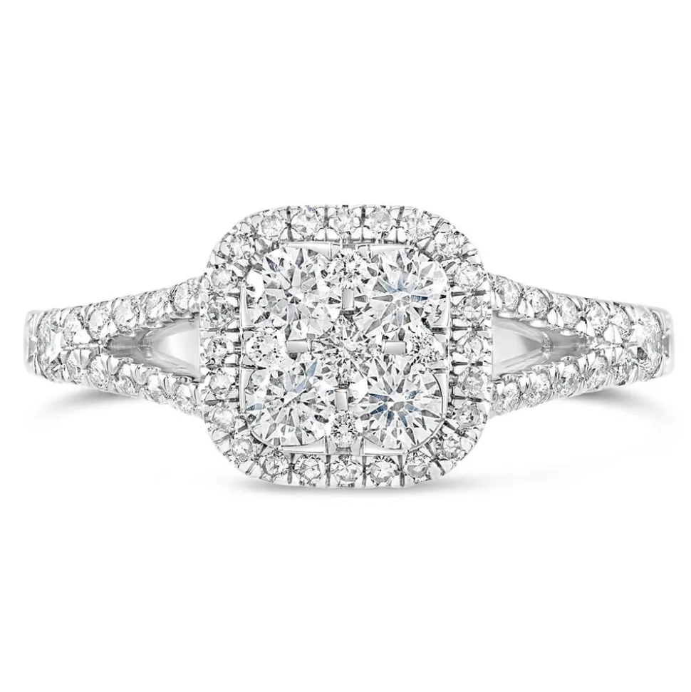 Platinum 1.00CT Diamond Cushion Cluster Split Shoulder Ring