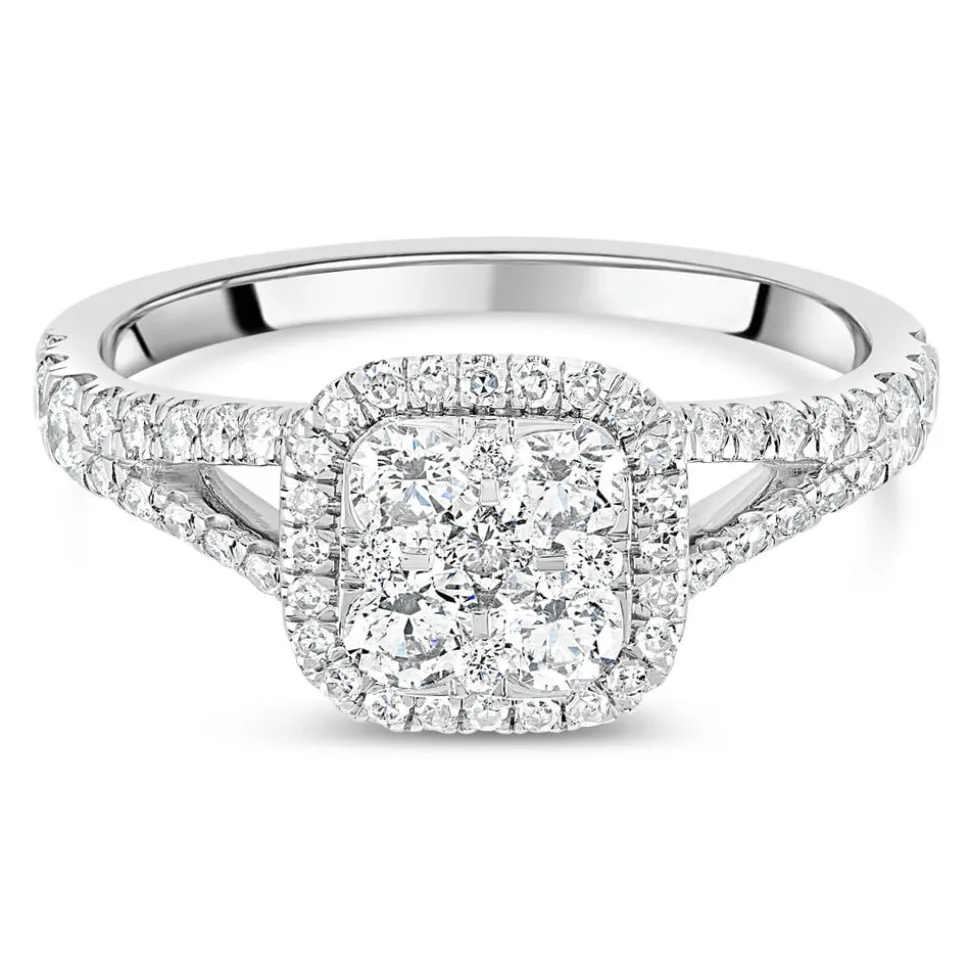 Platinum 1.00CT Diamond Cushion Cluster Split Shoulder Ring