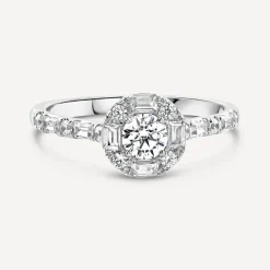 Platinum 0.75ct Diamond Round Centre Baguette Halo & Shoulders Ring