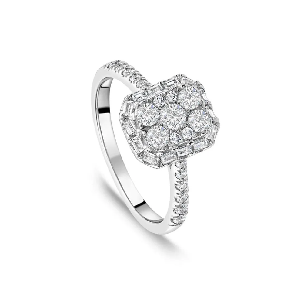 Platinum 0.75ct Rectangular Cluster Diamond Baguette Halo & Shoulders Engagement Ring