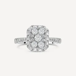 Platinum 0.75ct Rectangular Cluster Diamond Baguette Halo & Shoulders Engagement Ring