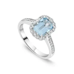 Platinum Emerald Cut Aquamarine Centre 0.33ct Diamond Baguette Brilliant Halo & Shoulders Ring