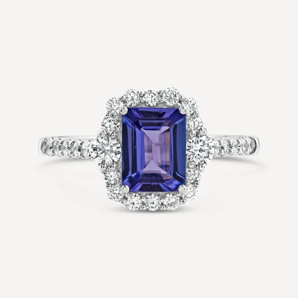 Platinum Emerald Cut Tanzanite Centre Diamond Halo & Shoulders Ring