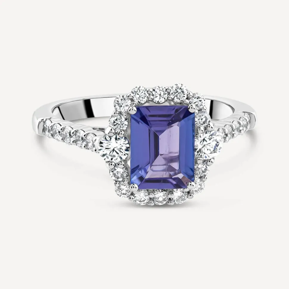 Platinum Emerald Cut Tanzanite Centre Diamond Halo & Shoulders Ring