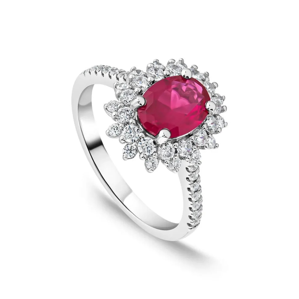 Platinum Oval Synthetic Ruby Centre 0.60ct Diamond Double Halo & Shoulders Ring