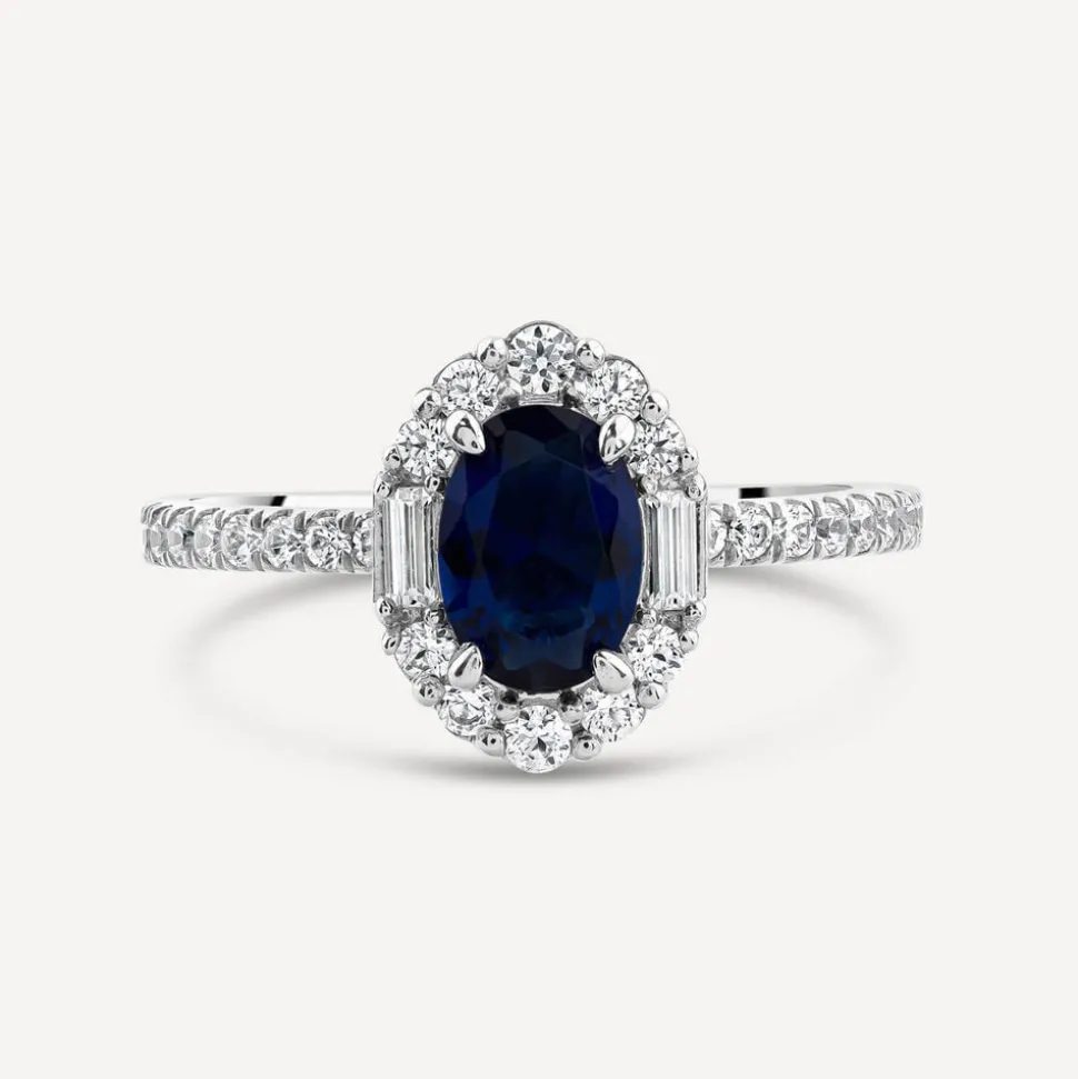 Platinum Sapphire Centre 0.48ct Diamond Halo Baguette & Shoulders Ring
