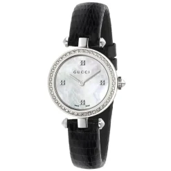 Pre-Owned Gucci Diamantissima 27mm MOP Dial Diamond Black Leather Strap Watch