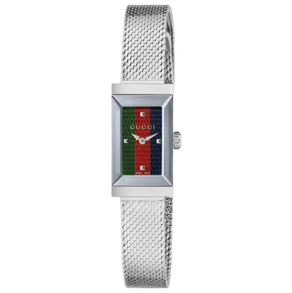 Pre-Owned Gucci G-Frame 14mm Striped Dial Steel Mesh Bracelet Watch