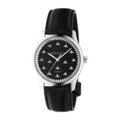 Pre-Owned Gucci G-Timeless 42mm Black Onyx Dial Black Leather Strap Watch