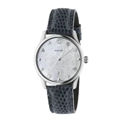 Pre-Owned Gucci G-Timeless 29mm Mother of Pearl Dial Blue Leather Strap Watch