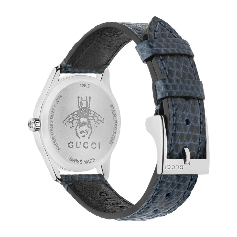Pre-Owned Gucci G-Timeless 29mm Mother of Pearl Dial Blue Leather Strap Watch