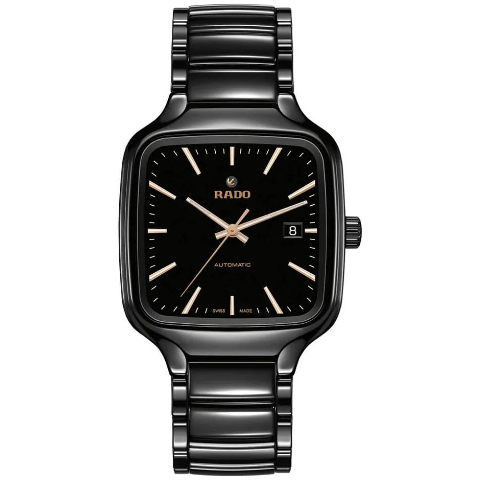Rado True Square Black Dial Rose Gold Index Ceramic Case Watch