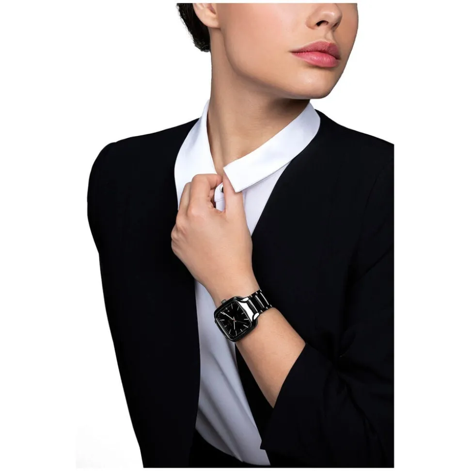 Rado True Square Black Dial Rose Gold Index Ceramic Case Watch