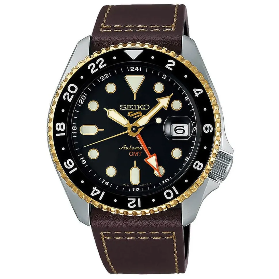 Seiko 5 Sports SKX GMT Mocha 42.5mm Black Dial Brown Leather Strap Watch