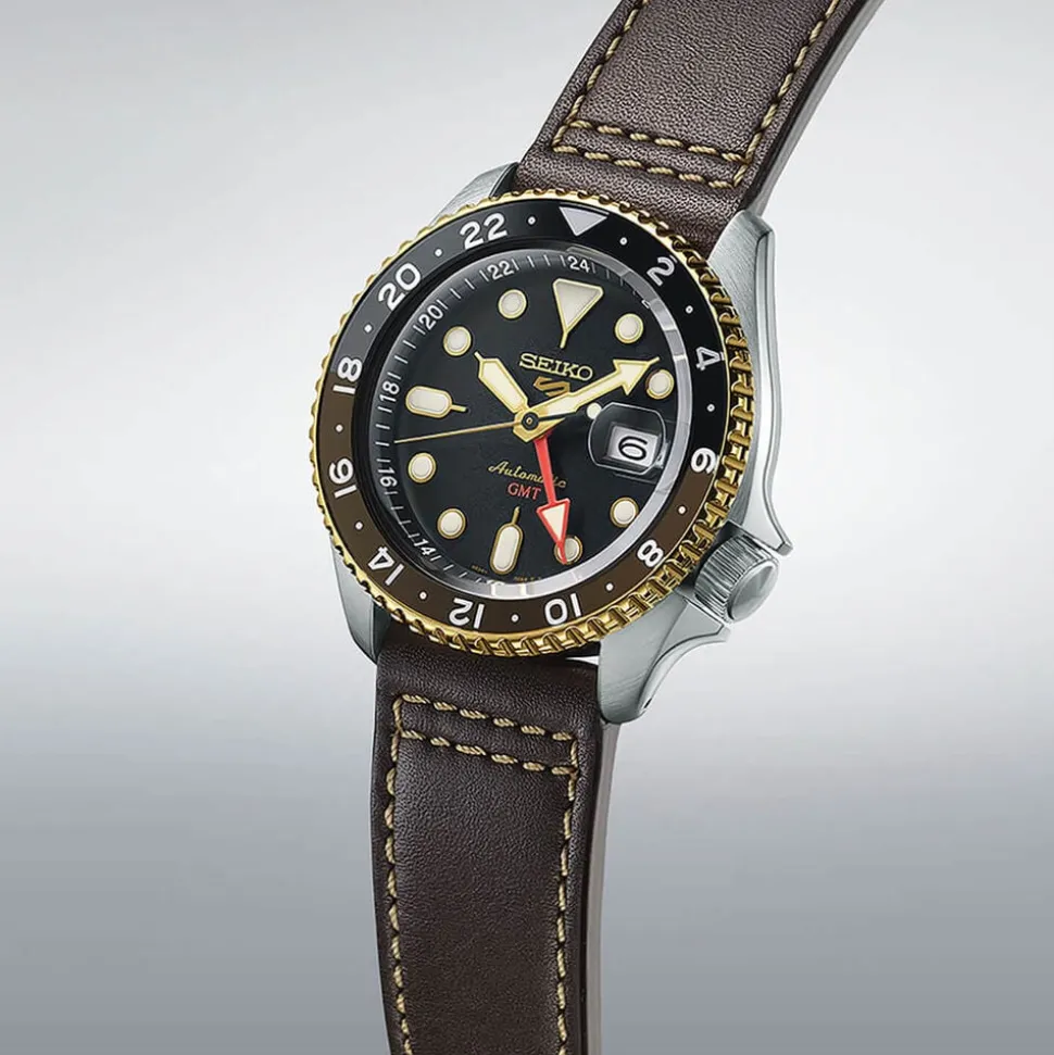 Seiko 5 Sports SKX GMT Mocha 42.5mm Black Dial Brown Leather Strap Watch
