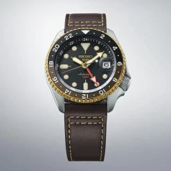 Seiko 5 Sports SKX GMT Mocha 42.5mm Black Dial Brown Leather Strap Watch