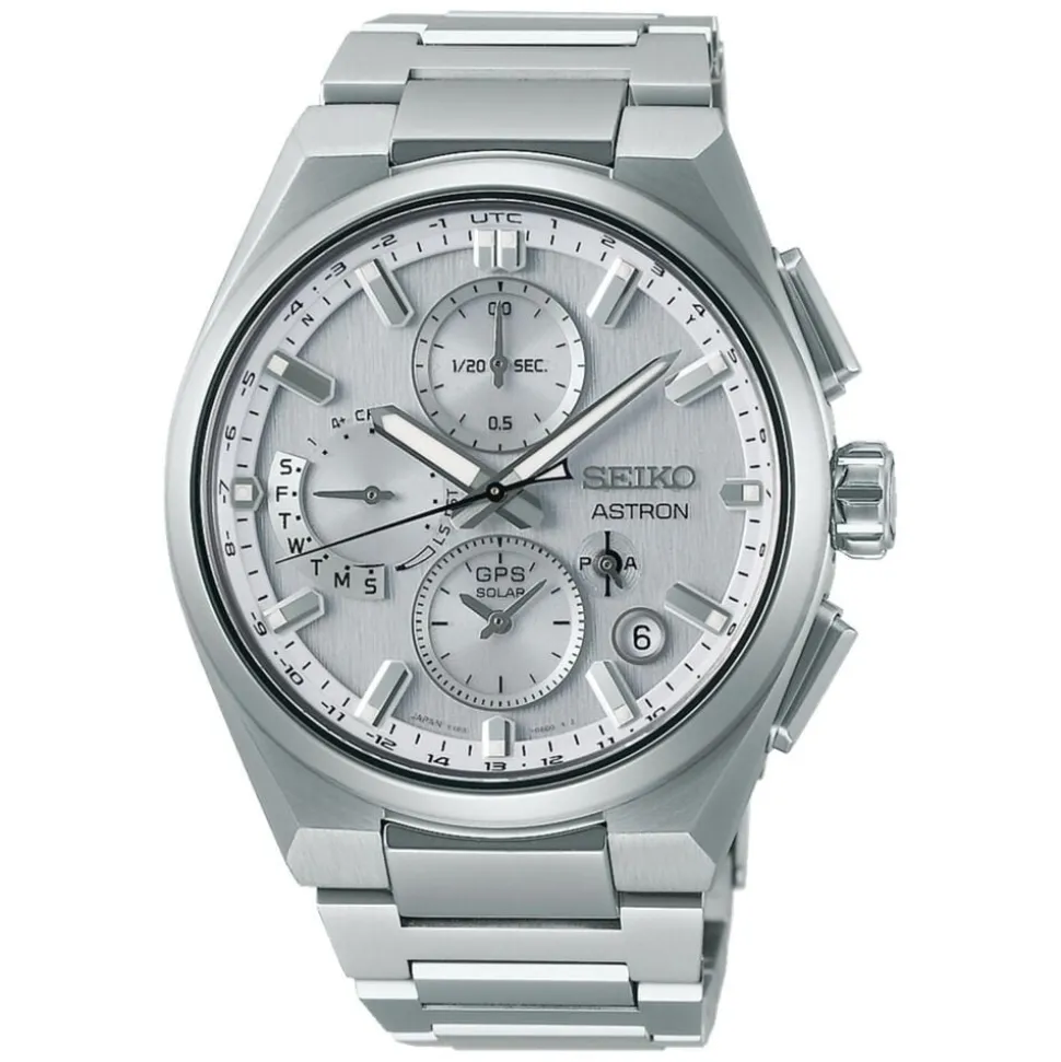 Seiko Astron GPS Solar 5X Dual-Time Chronograph 42mm Silvery White Dial Titanium Bracelet Watch