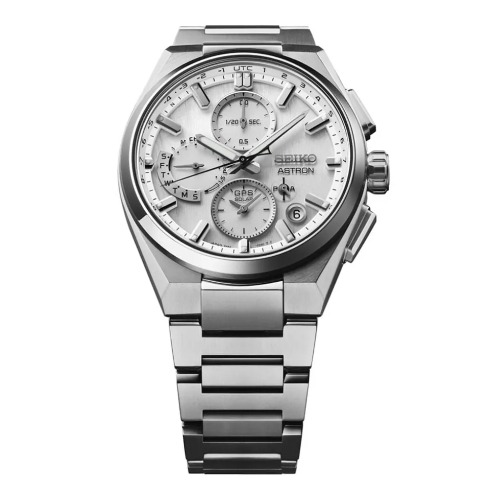 Seiko Astron GPS Solar 5X Dual-Time Chronograph 42mm Silvery White Dial Titanium Bracelet Watch