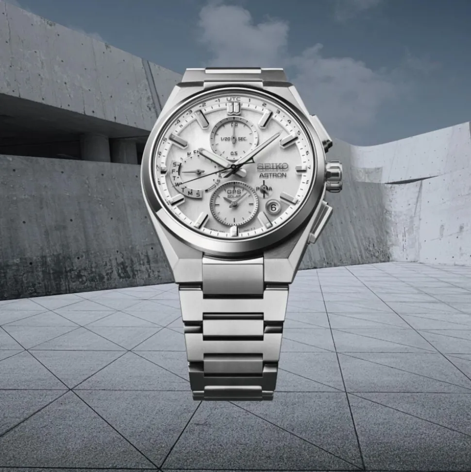 Seiko Astron GPS Solar 5X Dual-Time Chronograph 42mm Silvery White Dial Titanium Bracelet Watch