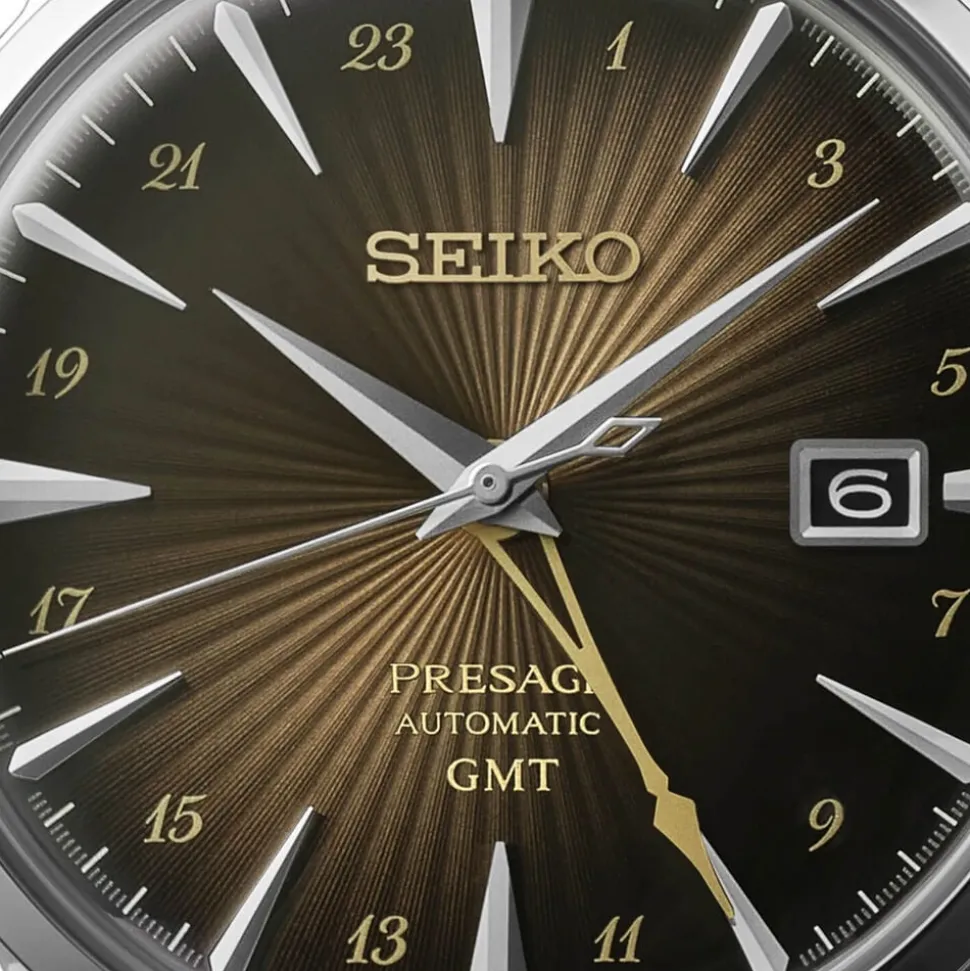Seiko Presage Cocktail Time 'Rusty Nail' GMT 40.5mm Gradation Brown Dial Leather Strap Watch
