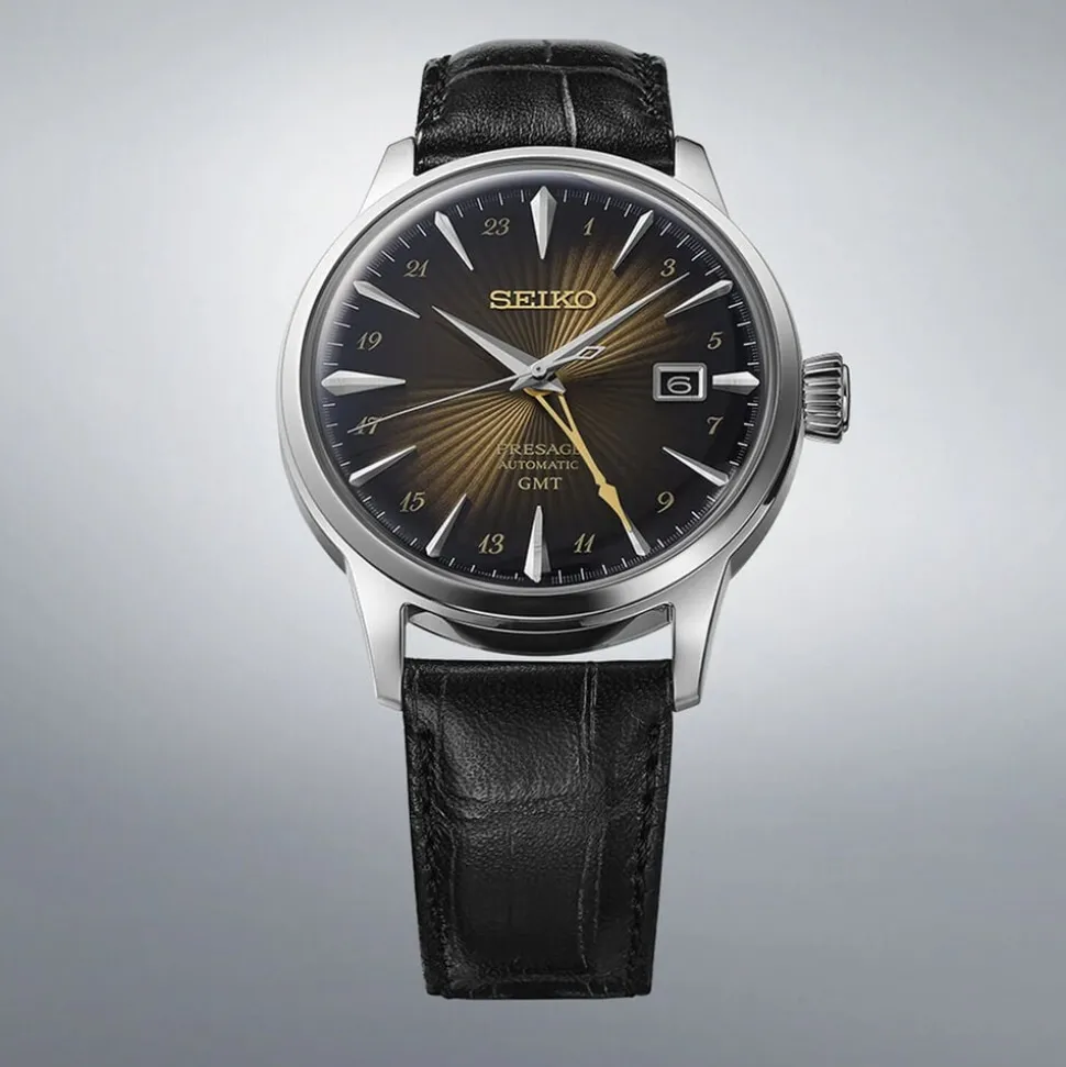 Seiko Presage Cocktail Time 'Rusty Nail' GMT 40.5mm Gradation Brown Dial Leather Strap Watch